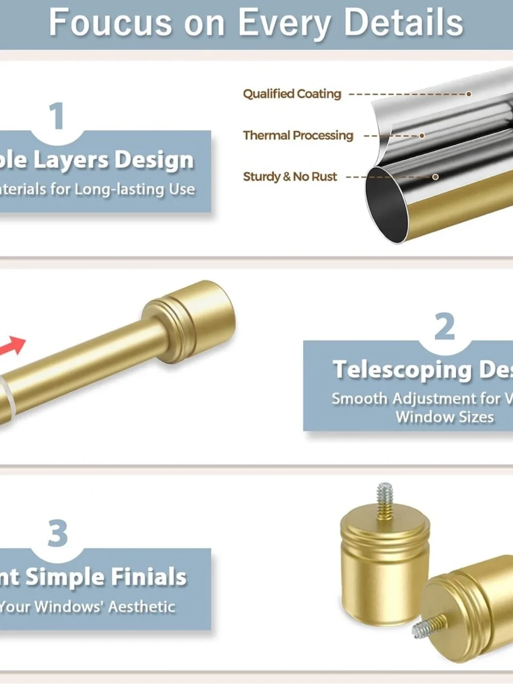 HOTOZON 32-86in Telescoping Curtain Rod 1in Dia Gold Metal Wall Mount Set